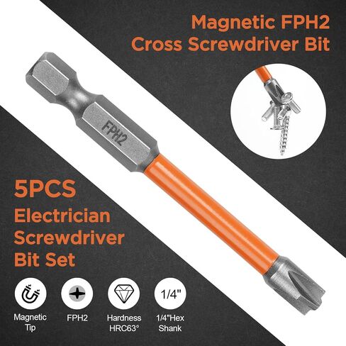 FPH2 Impact Screwdriver Bit Set - S2 Steel 65mm Cross And Slotted Heads, 1/4 Inch Hex Shank, Cross Slot Screw Driver Drill Bits, FPH2 Bits with Magnetic for Electricians (5pcs) in Kuwait