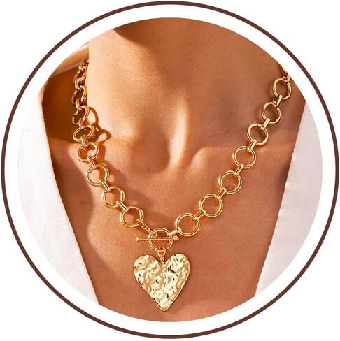 Chunky Gold Heart Necklace for Women，14K Gold Plated Puffy Heart Pendant Bold Chain Necklace with Toggle Clasp，Waterproof Non Tarnish Hypoallergenic Chunky Statement Jewelry Gift for Women in Saudi Arabia