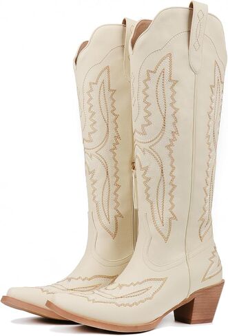 Meefit Cowboy Boots for Women Knee High Cowgirl Boots Pointed Toe Chunky Heel Western Boots,Retro Country Boots,Vintage Tall Boots(white,US7) in Kuwait