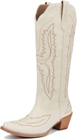 Meefit Cowboy Boots for Women Knee High Cowgirl Boots Pointed Toe Chunky Heel Western Boots,Retro Country Boots,Vintage Tall Boots(white,US7) in Kuwait
