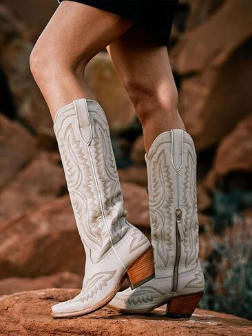Meefit Cowboy Boots for Women Knee High Cowgirl Boots Pointed Toe Chunky Heel Western Boots,Retro Country Boots,Vintage Tall Boots(white,US7) in Kuwait