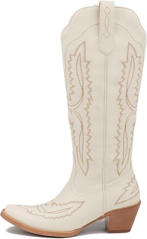 Meefit Cowboy Boots for Women Knee High Cowgirl Boots Pointed Toe Chunky Heel Western Boots,Retro Country Boots,Vintage Tall Boots(white,US7) in Kuwait