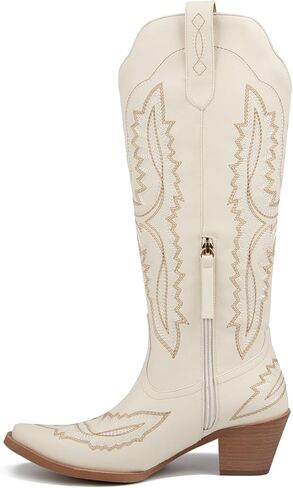 Meefit Cowboy Boots for Women Knee High Cowgirl Boots Pointed Toe Chunky Heel Western Boots,Retro Country Boots,Vintage Tall Boots(white,US7) in Kuwait