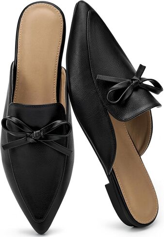 Pointed Toe Mules for Women: Elegant Bow Flats Dressy Casual | Soft Vegan Leather Backless Loafers with Cushioned Non-slip Sole - Comfort Slip-on Shoes for Office Work Errands in Kuwait