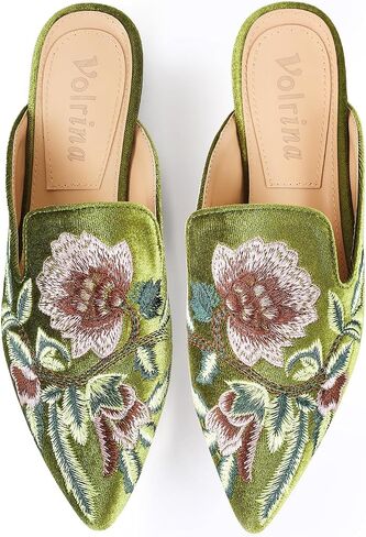 Women's Velvet Backless Pointed Toe Loafers - Embroidered Slip On Mule Slippers Flats, Comfortable Embellished Flat Shoes for Daily & Casual Wear in Kuwait