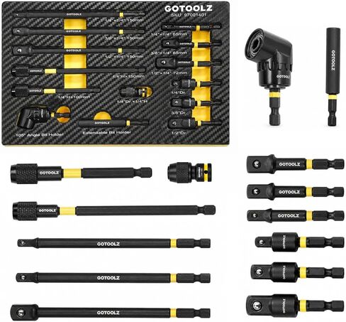 14PC Impact Socket Adapter Set, 1/4" 3/8" 1/2" Square Drive Converter, Quick Release Magnetic Drill Bit Extension Rod, 360° Swivel Universal Joint & 105° Right Angle Drill Attachment in Kuwait