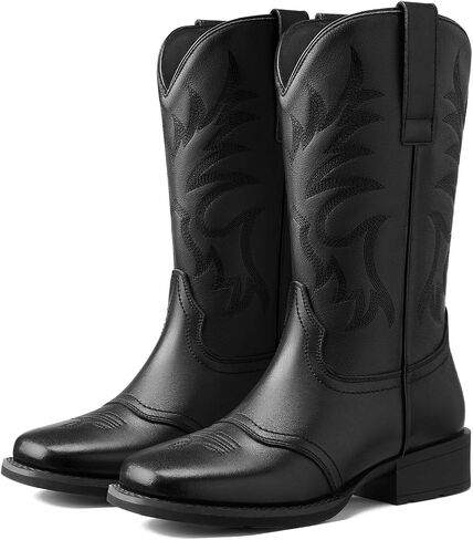 Rollda Genuine Leather Cowboy Boots for Women, Square Toe Cowgirl Boots with Block Heel, Women Mid Calf Western Boots in Kuwait