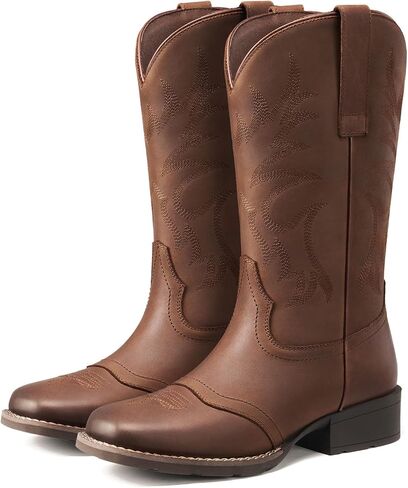 Genuine Leather Cowboy Boots for Women, Square Toe Cowgirl Boots with Block Heel, Women Mid Calf Western Boots in Saudi Arabia