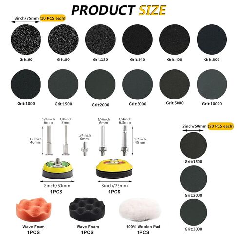 192Pack 2/3inch Wet Dry Sanding Disc Drill Polishing Kit Sanding Attachment, Headlight Restoration Kit, Hook and Loop Sandpaper Buffing Pads with Rotary Tools for Car Wood Metal in Kuwait
