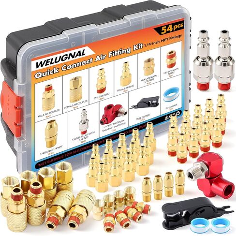 54PCS 1/4 Inch NPT Industrial Air Hose Fittings,Copper-Plated Pneumatic Quick Connect Coupler Kit with 360° Swivel,Adapters,Thread Tape & Tube Cutter | for Air Compressor & Automotive Repair in Kuwait