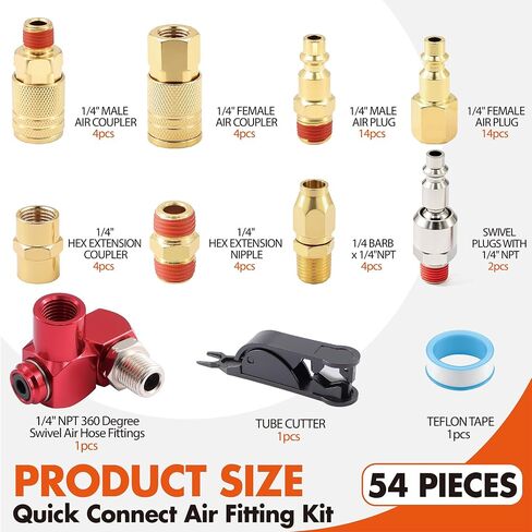 54PCS 1/4 Inch NPT Industrial Air Hose Fittings,Copper-Plated Pneumatic Quick Connect Coupler Kit with 360° Swivel,Adapters,Thread Tape & Tube Cutter | for Air Compressor & Automotive Repair in Kuwait