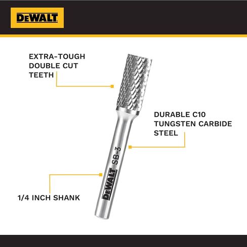 DEWALT DXCBTJSB3 SB-3 Double-Cut Carbide Burr, 1/4 in Shank, Metal Grinding | C10 tungsten carbide double-cut burr for steel, cast iron, stainless, and hardwood grinding; SB-3 shape uses a 1/4 in shank. in Kuwait