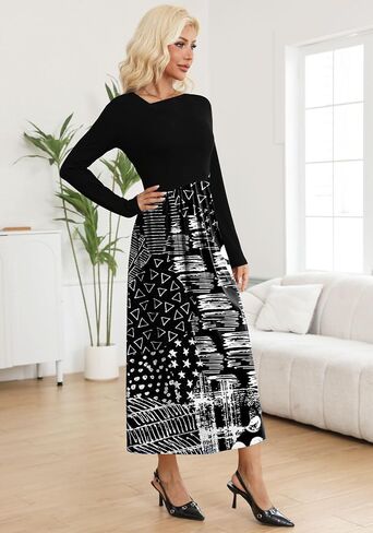 SAUKOLE Womens Maxi Dresses Casual Long Sleeve V Neck Empire Waist Dress Trendy Fall T Shirts Long Dress in Saudi Arabia