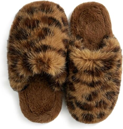 Leopard Fuzzy Scuff Slippers for Women, Memory Foam House Slippers Indoor Outdoor, Cozy Plush Closed Toe House Shoes in Kuwait