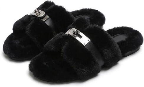 Women Faux Fur Slides Lock Buckle Sandals Fuzzy Open Toe Slippers Chic Elegant Plush Flat Shoes Indoor Outdoor Lounging Autumn Winter Spring in Kuwait