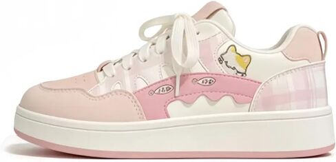 Women's Cute Cartoon Embroidered Skate Sneakers, Wavy Stripe Patchwork Design, Non-Slip Rubber Sole Casual Trainers for Kawaii Street Style in Kuwait