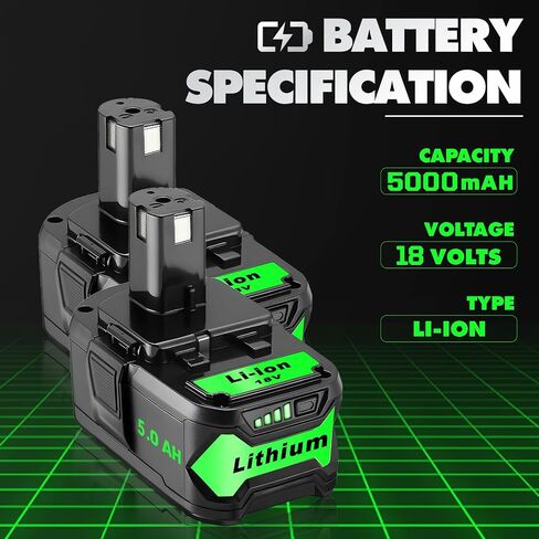 Upgrade 2 Pack 5.0Ah High Capacity Replacement for Ryobi 18V Battery P108 P104 P105 P102 P103 P122 P109 Li-ION Compatible with Ryobi 18V ONE+ System Cordless Power Tools and Charger in Kuwait