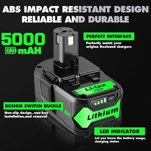 Upgrade 2 Pack 5.0Ah High Capacity Replacement for Ryobi 18V Battery P108 P104 P105 P102 P103 P122 P109 Li-ION Compatible with Ryobi 18V ONE+ System Cordless Power Tools and Charger in Kuwait