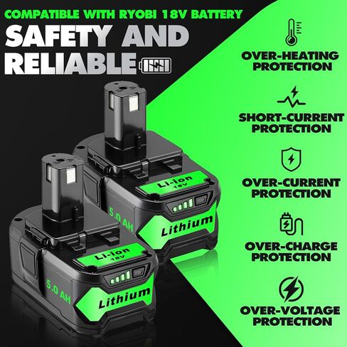 Upgrade 2 Pack 5.0Ah High Capacity Replacement for Ryobi 18V Battery P108 P104 P105 P102 P103 P122 P109 Li-ION Compatible with Ryobi 18V ONE+ System Cordless Power Tools and Charger in Kuwait