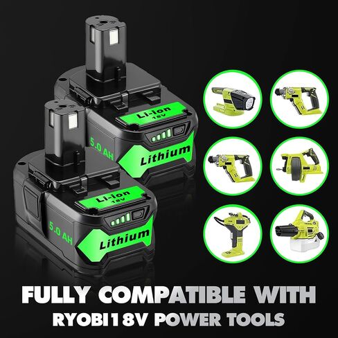 Upgrade 2 Pack 5.0Ah High Capacity Replacement for Ryobi 18V Battery P108 P104 P105 P102 P103 P122 P109 Li-ION Compatible with Ryobi 18V ONE+ System Cordless Power Tools and Charger in Kuwait