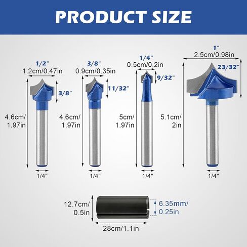 Point Cutting Roundover Plunge Cutter Set 4 PCS, 1/4" Shank Carbide Router Bits, Cutting Dia 1/4", 3/8", 1/2", 1", with Collet Adapter, for Sign Engraving and 2D 3D Carving in Kuwait