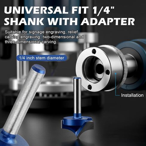 Point Cutting Roundover Plunge Cutter Set 4 PCS, 1/4" Shank Carbide Router Bits, Cutting Dia 1/4", 3/8", 1/2", 1", with Collet Adapter, for Sign Engraving and 2D 3D Carving in Kuwait