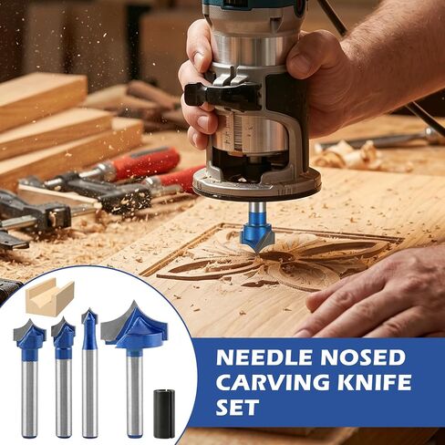 Point Cutting Roundover Plunge Cutter Set 4 PCS, 1/4" Shank Carbide Router Bits, Cutting Dia 1/4", 3/8", 1/2", 1", with Collet Adapter, for Sign Engraving and 2D 3D Carving in Kuwait