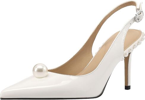Women's Pearl Slingback Stiletto Heels 3.15 Inch – Pointed Toe Non-Falling Pearl Dress Pumps for Wedding, Bridal, Party in Kuwait