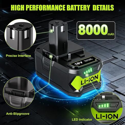 2-Pack 8.0Ah Replacement for Ryobi 18V Battery and Charger Combo, Compatible with ONE+ 18V Lithium Battery P102 P103 P104 P105 P107 P108 P109 P122 P190 PBP004 PBP005 RB18L50 Cordless Power Tools in Kuwait