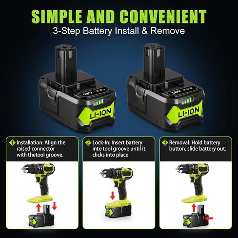 2-Pack 8.0Ah Replacement for Ryobi 18V Battery and Charger Combo, Compatible with ONE+ 18V Lithium Battery P102 P103 P104 P105 P107 P108 P109 P122 P190 PBP004 PBP005 RB18L50 Cordless Power Tools in Kuwait