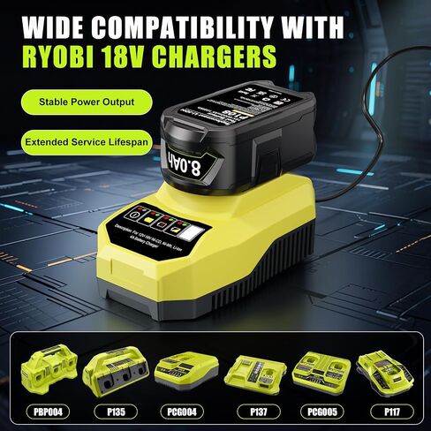 2-Pack 8.0Ah Replacement for Ryobi 18V Battery and Charger Combo, Compatible with ONE+ 18V Lithium Battery P102 P103 P104 P105 P107 P108 P109 P122 P190 PBP004 PBP005 RB18L50 Cordless Power Tools in Kuwait
