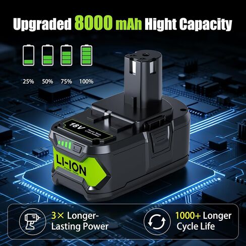 2-Pack 8.0Ah Replacement for Ryobi 18V Battery and Charger Combo, Compatible with ONE+ 18V Lithium Battery P102 P103 P104 P105 P107 P108 P109 P122 P190 PBP004 PBP005 RB18L50 Cordless Power Tools in Kuwait