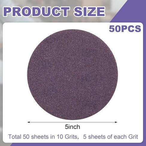 50 Pcs 5 Inch Purple Ceramic Mesh Sanding Discs, Hook and Loop Anti-Clog Net Sandpaper for Random Orbital Sander, Dustless Sanding Pads for Wood, Paint, Metal, Drywall, 80-800 Grit in Kuwait