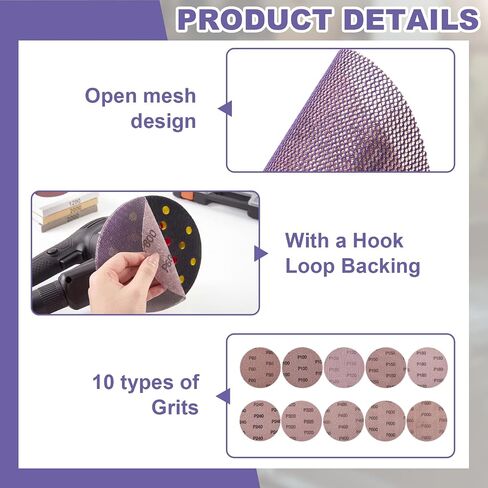 50 Pcs 5 Inch Purple Ceramic Mesh Sanding Discs, Hook and Loop Anti-Clog Net Sandpaper for Random Orbital Sander, Dustless Sanding Pads for Wood, Paint, Metal, Drywall, 80-800 Grit in Kuwait