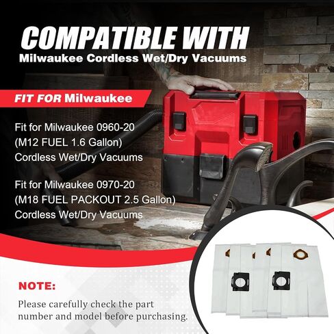 Fleece Dust Bag Milwaukee Packout Wet Dry Vac 0960-20 0970-20 for 49902016 | Disposable fleece vacuum dust bags fit Milwaukee cordless packout vac, replace 49-90-2016 49902016 in Kuwait