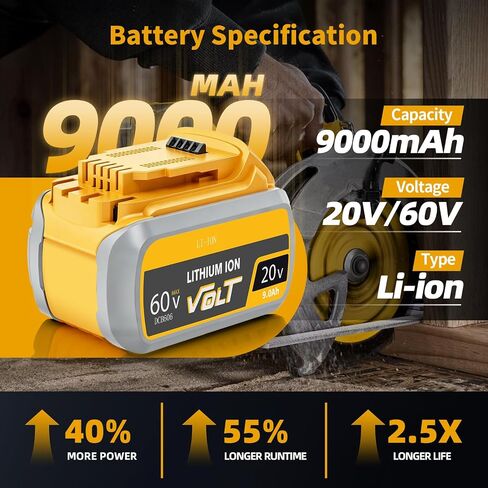 2Pack 9000mAh Replacement for Dewalt 60V FlexVolt Battery Compatible with Dewalt 20V 60 Volt Max Battery DCB609 DCB200 DCB606 DCB612 DCB206 DCB201DCB203 DCB204 DCB206 DCB207 DCB209 with LED Indicator in Kuwait