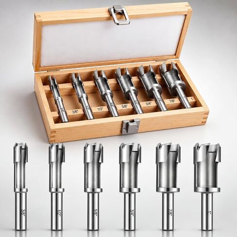 6 Pcs Deep Plug Cutter Set for Woodworking Dowel Cutters & Metal Steel Tenon 3/8", 1/2", 5/8", 3/4", 7/8", 1" with Wooden Case in Kuwait