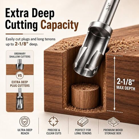 6 Pcs Deep Plug Cutter Set for Woodworking Dowel Cutters & Metal Steel Tenon 3/8", 1/2", 5/8", 3/4", 7/8", 1" with Wooden Case in Kuwait