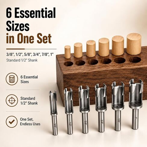 6 Pcs Deep Plug Cutter Set for Woodworking Dowel Cutters & Metal Steel Tenon 3/8", 1/2", 5/8", 3/4", 7/8", 1" with Wooden Case in Kuwait
