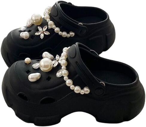 Women's Chunky Platform Clogs, Black Slip-On Sandals with Pearl & Rhinestone Charms for Casual & Street Style in Kuwait