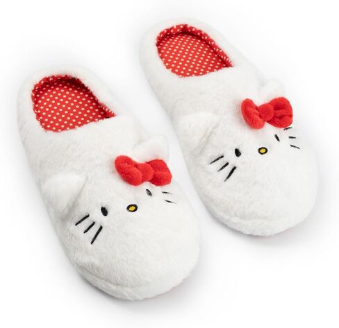 Hello Kitty White Mule Slippers | Fluffy Indoor Footwear with 3D Ears & Bow | Cartoon Character Face Design for Women | Soft Slippers for Home Merch in Kuwait