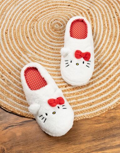 Hello Kitty White Mule Slippers | Fluffy Indoor Footwear with 3D Ears & Bow | Cartoon Character Face Design for Women | Soft Slippers for Home Merch in Kuwait
