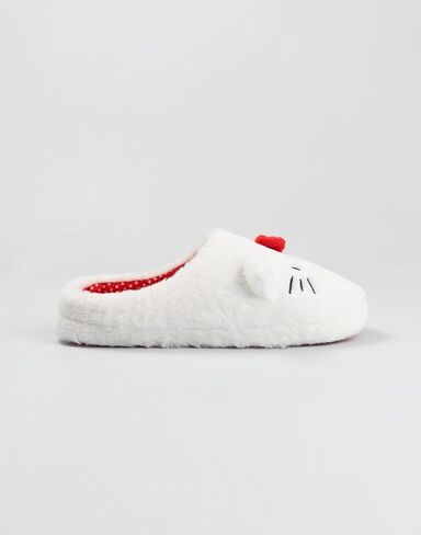 Hello Kitty White Mule Slippers | Fluffy Indoor Footwear with 3D Ears & Bow | Cartoon Character Face Design for Women | Soft Slippers for Home Merch in Kuwait