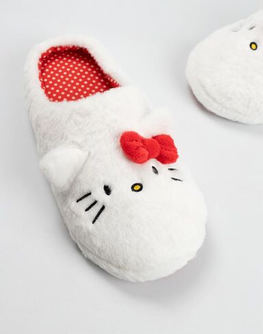 Hello Kitty White Mule Slippers | Fluffy Indoor Footwear with 3D Ears & Bow | Cartoon Character Face Design for Women | Soft Slippers for Home Merch in Kuwait