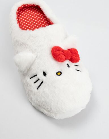 Hello Kitty White Mule Slippers | Fluffy Indoor Footwear with 3D Ears & Bow | Cartoon Character Face Design for Women | Soft Slippers for Home Merch in Kuwait