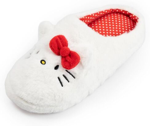 Hello Kitty White Mule Slippers | Fluffy Indoor Footwear with 3D Ears & Bow | Cartoon Character Face Design for Women | Soft Slippers for Home Merch in Kuwait