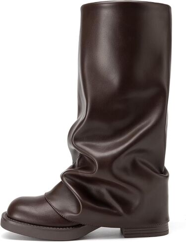 Athlefit Women's Slouchy Fold Over Boots Wide Calf Chunky Platform Low Heel Square Toe Pull On Mid Calf Boots in Kuwait