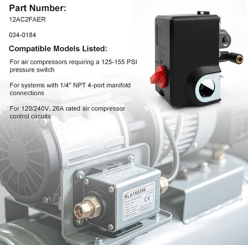 Pressure Switch Air Compressor For 125-155 PSI Range 120/240V 26A Rating and 1/4" NPT 4-port Manifold 12AC2FAER 034-0184 in Kuwait