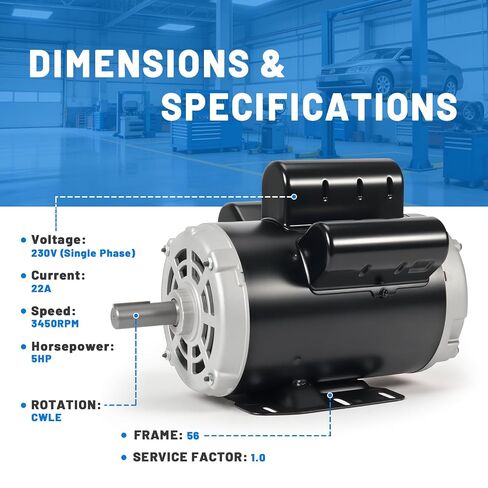 B813 5HP Air Compressor Motor 230V 22A, 3450RPM, Y56 Frame, Single Phase, 1 Service Factor, CWLE Rotation (Non‑Reversible), Insul Class B in Kuwait