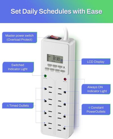BN-LINK 8 Outlet Surge Protector with 7-Day Digital Timer (4 Outlets Timed, 4 Outlets Always On) - White in Saudi Arabia